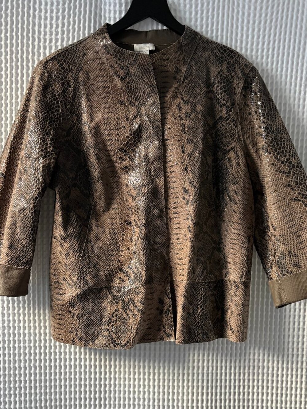 Chico's reversible 3/4-sleeve taupe snakeskin lightweight leather jacket women's